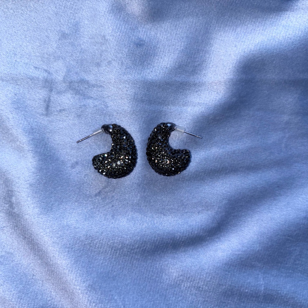 Black Crystal Crescent Stud Earrings